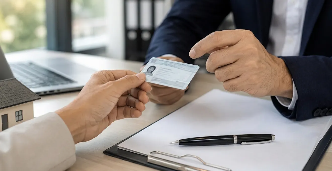 Propriétaire vérifiant la carte professionnelle d'un gestionnaire immobilier avant signature du mandat