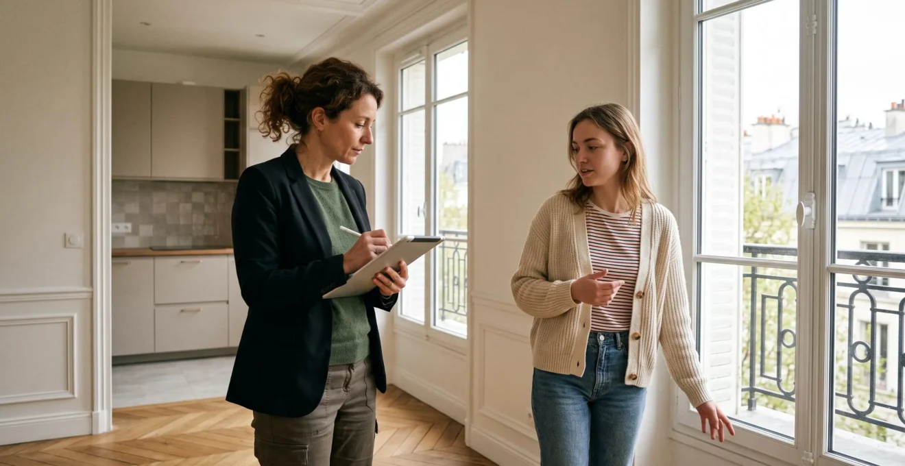 Gestionnaire immobilier réalisant un état des lieux d'entrée avec un locataire dans un appartement résidentiel français