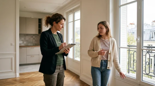Gestionnaire immobilier réalisant un état des lieux d'entrée avec un locataire dans un appartement résidentiel français