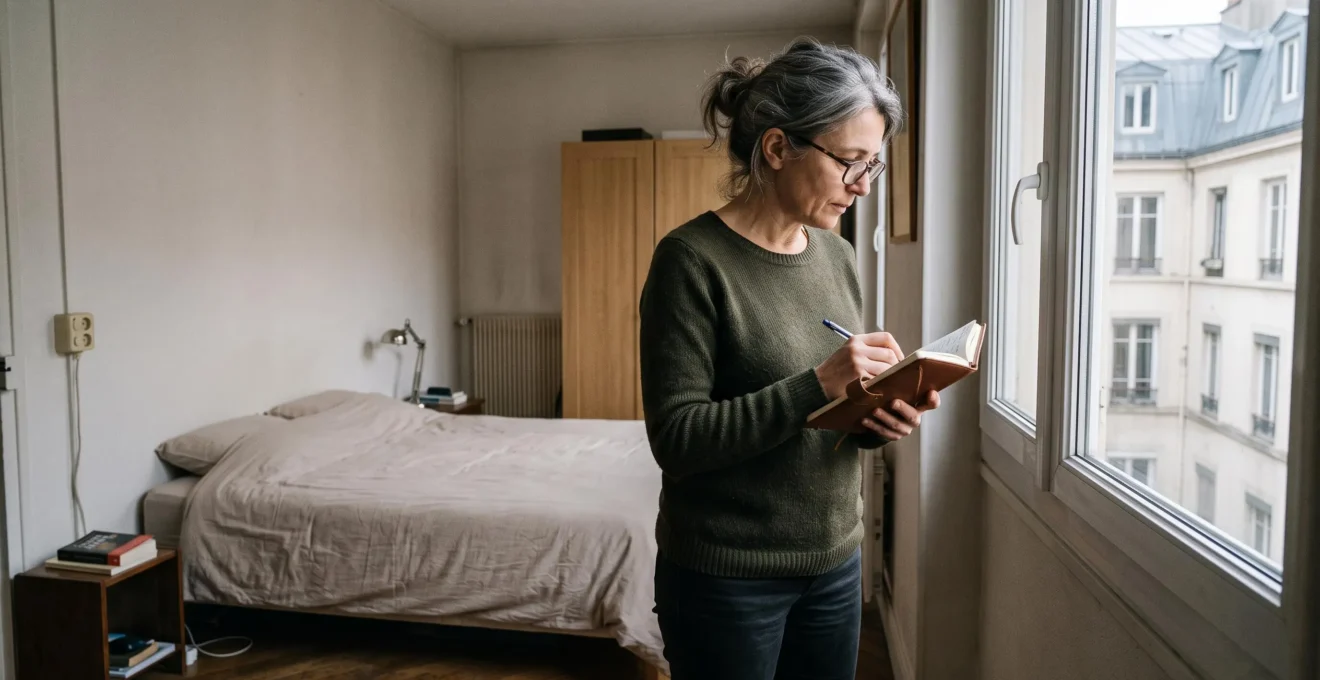Propriétaire effectuant une visite de contrôle de son bien locatif et prenant des notes